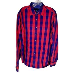 Bugatchi Dress Shirt Flip Cuff Plaid Red Blue Classic Button Up Mens Sz Large